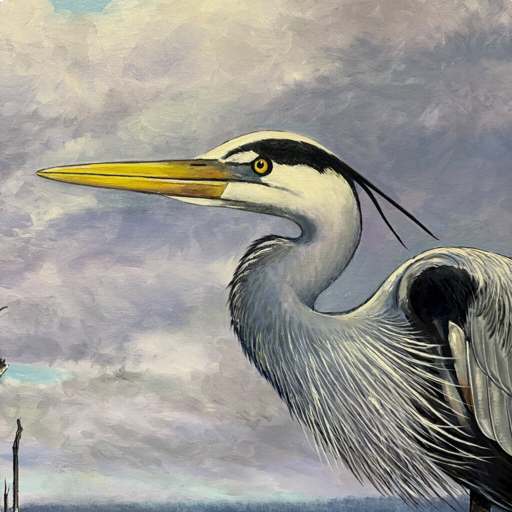 Joe Suroviec Great Blue Heron Original Oil on Canvas, Framed, 44Lx56H