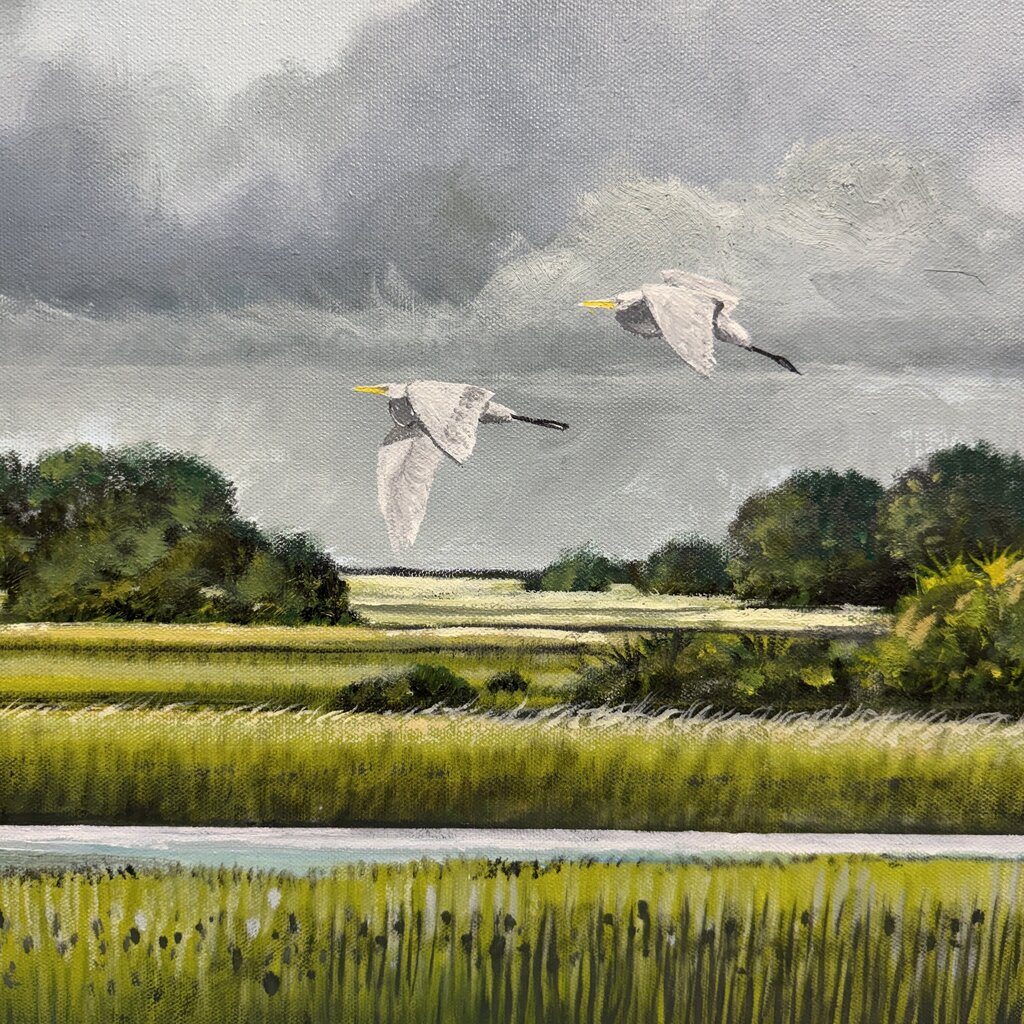 Joe Suroviec Coastal Marsh Landscape Original Oil on Canvas, Framed, 54Lx42H