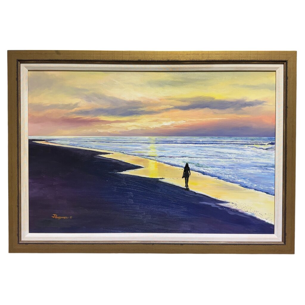 Joe Suroviec Woman Walking the Beach at Sunset Original Oil on Canvas, Framed, 41Lx29H