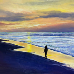 Joe Suroviec Woman Walking the Beach at Sunset Original Oil on Canvas, Framed, 41Lx29H
