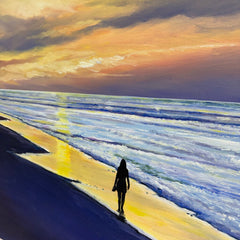 Joe Suroviec Woman Walking the Beach at Sunset Original Oil on Canvas, Framed, 41Lx29H