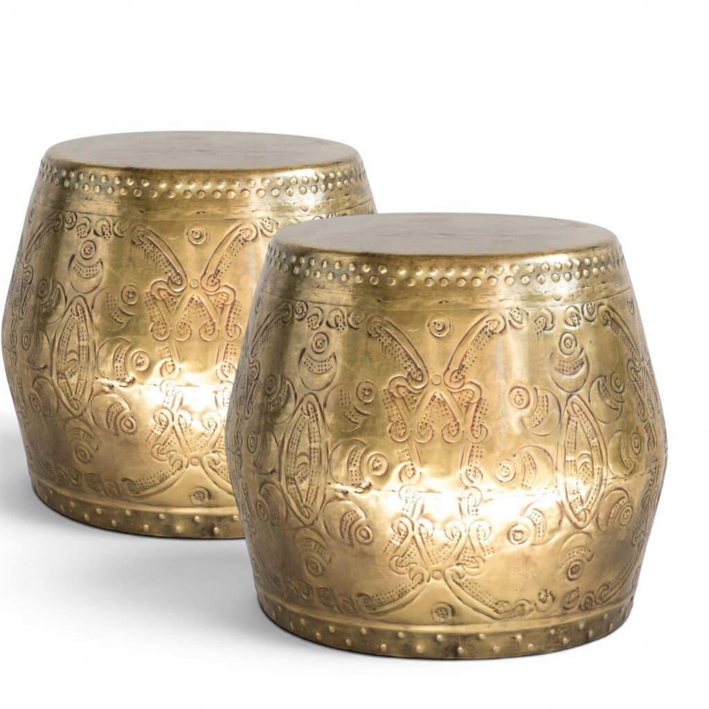 Pair of Gold Debossed Metal Drum Side Tables OR Planters 20Lx20Wx18H
