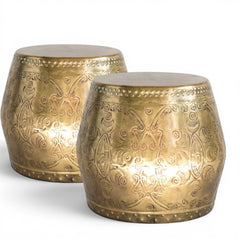 Pair of Gold Debossed Metal Drum Side Tables OR Planters 20Lx20Wx18H